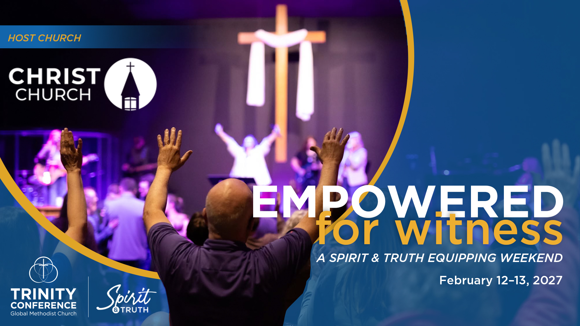 promotional graphic with photo of man worshiping and specific detail listings.