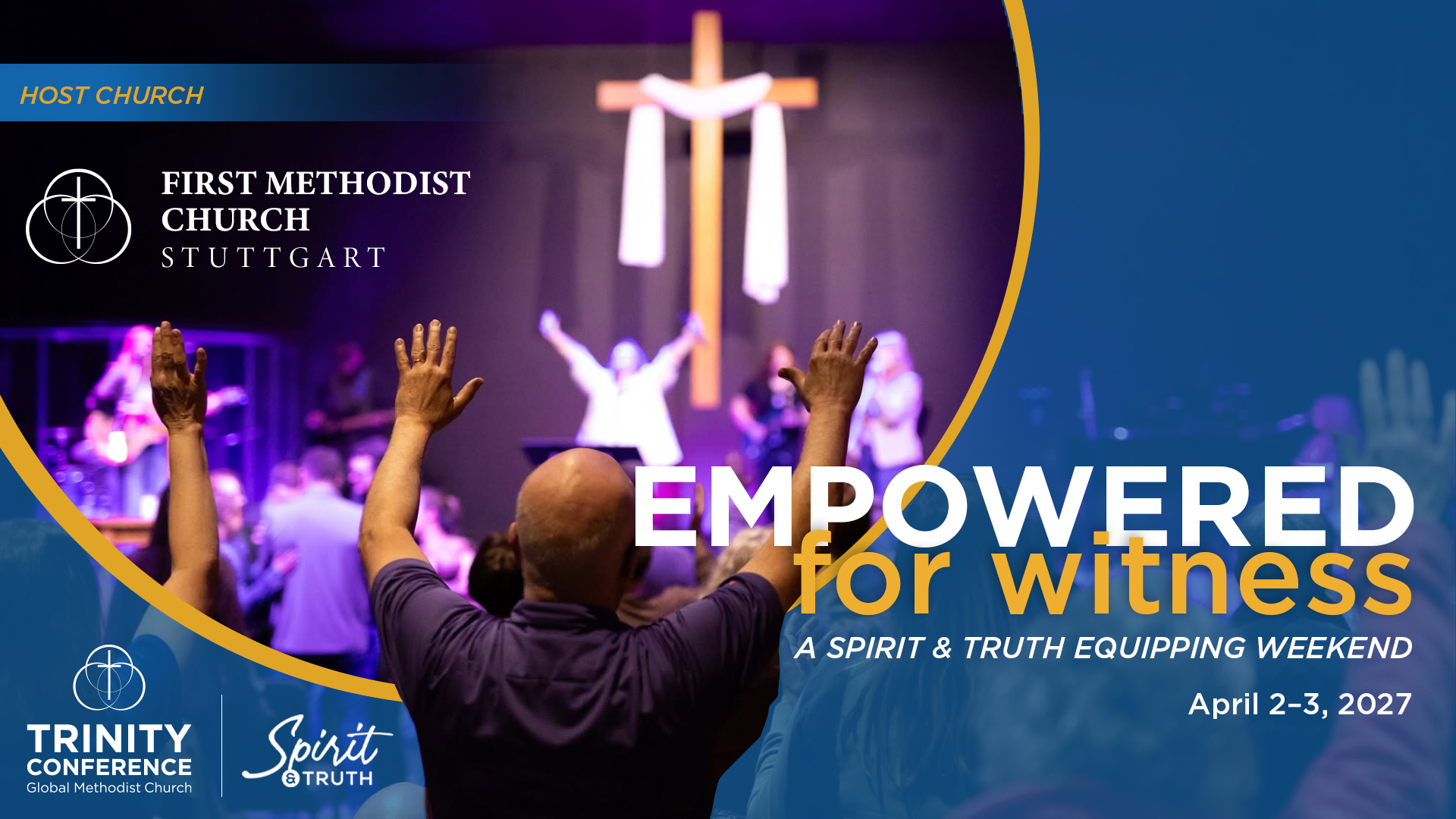 promotional graphic with photo of man worshiping and specific detail listings.