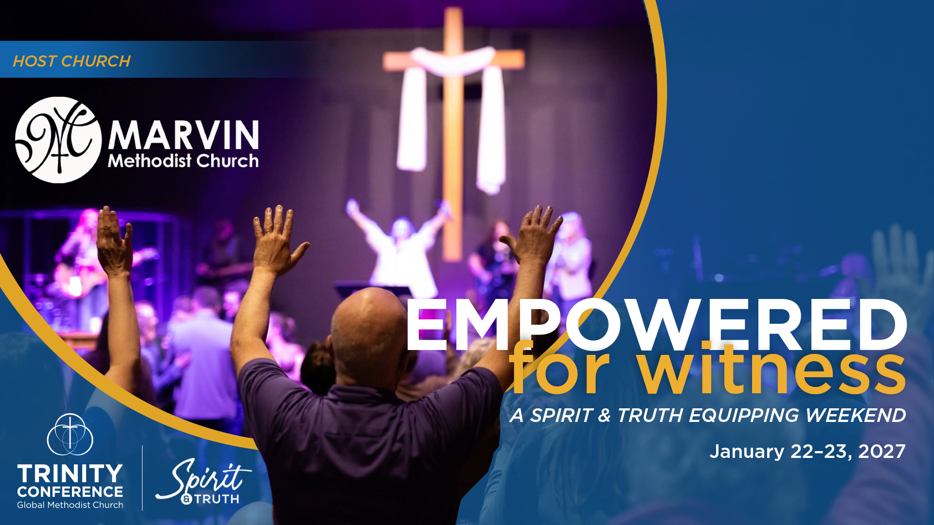 promotional graphic with photo of man worshiping and specific detail listings.