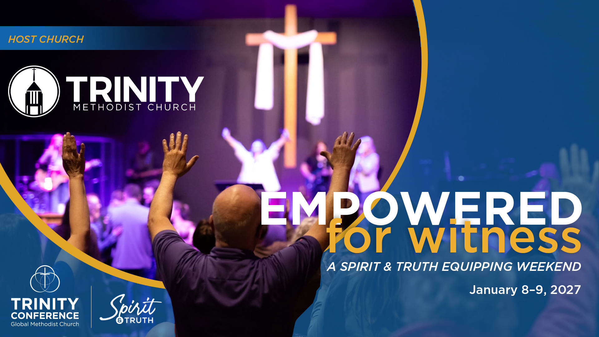 promotional graphic with photo of man worshiping and specific detail listings.